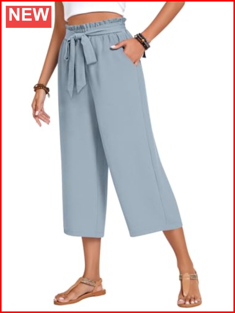 Plus Size Wide Leg Capri Pants With Pockets High Waist Tie Knot Palazzo